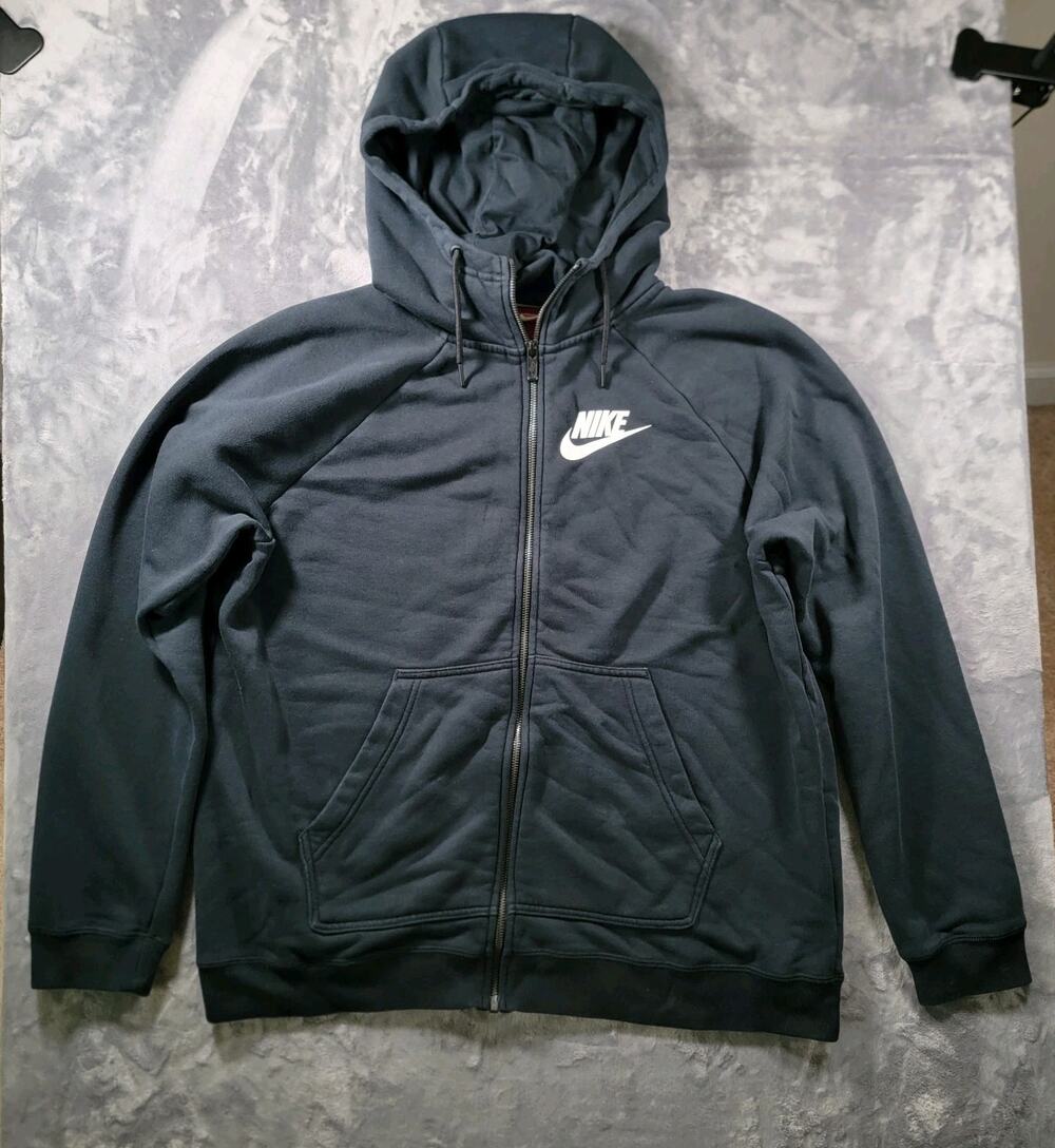 Nike Mens L Fleece Hoodie Full Zip Swoosh Logo Hooded Sweatshirt Black